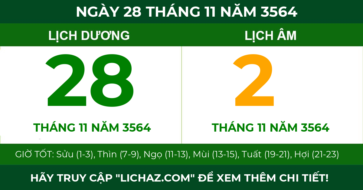 lịch âm ngày 28 tháng 11 năm 3564