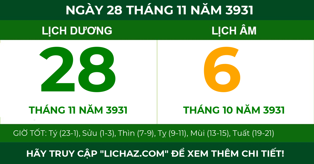 lịch âm ngày 28 tháng 11 năm 3931