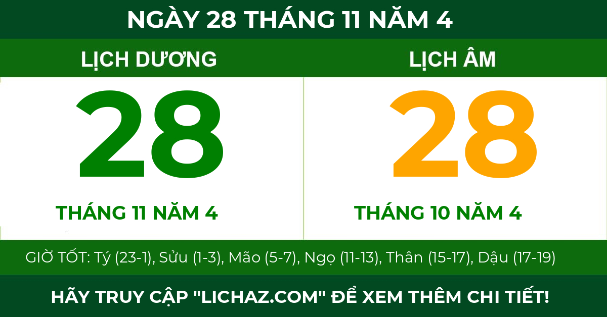 lịch âm ngày 28 tháng 11 năm 4