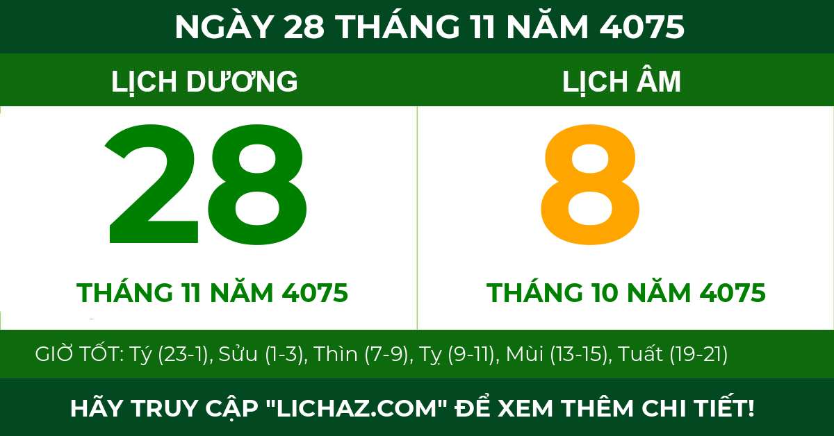 lịch âm ngày 28 tháng 11 năm 4075