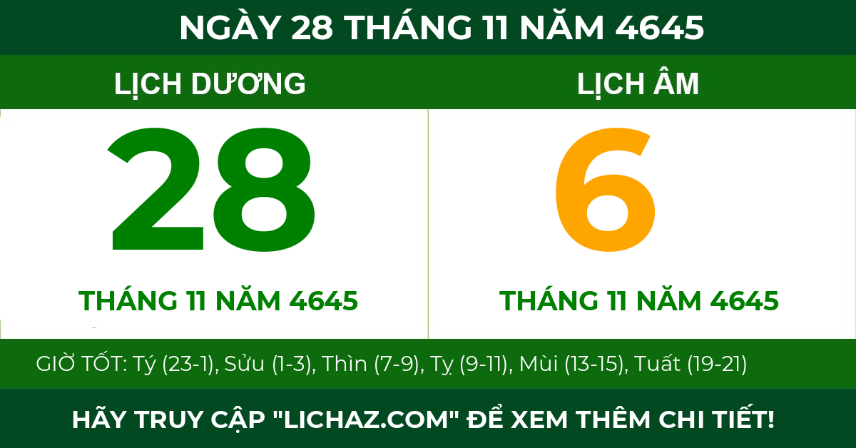 lịch âm ngày 28 tháng 11 năm 4645