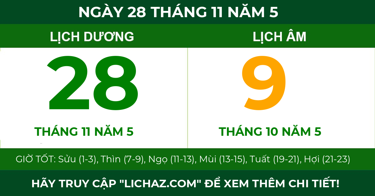 lịch âm ngày 28 tháng 11 năm 5
