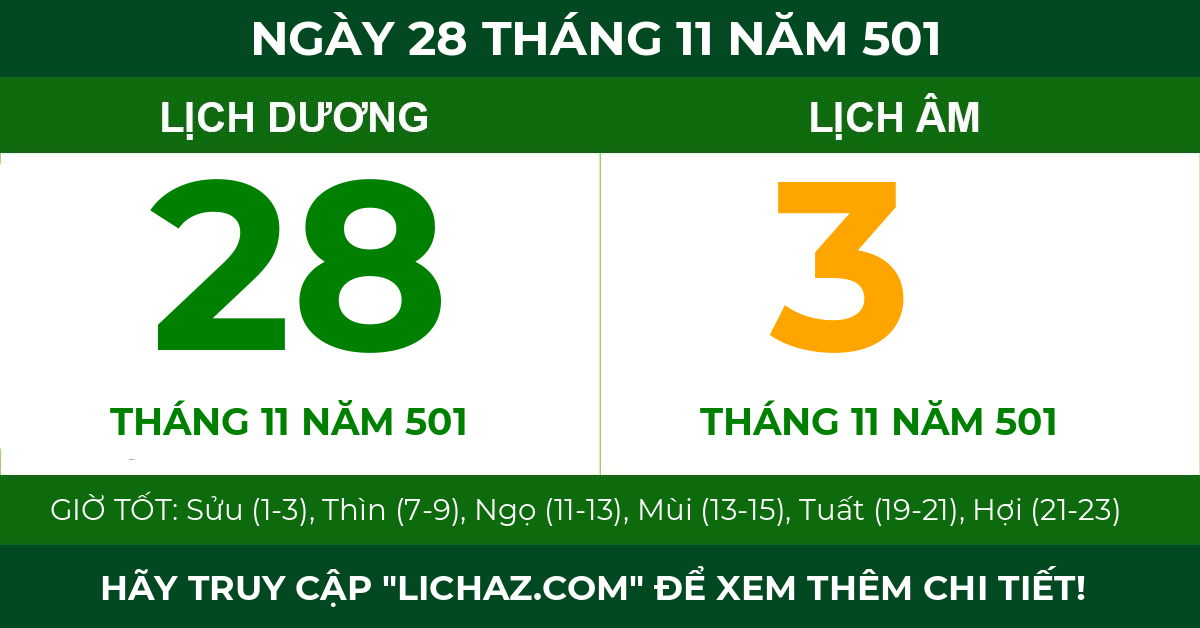 lịch âm ngày 28 tháng 11 năm 501