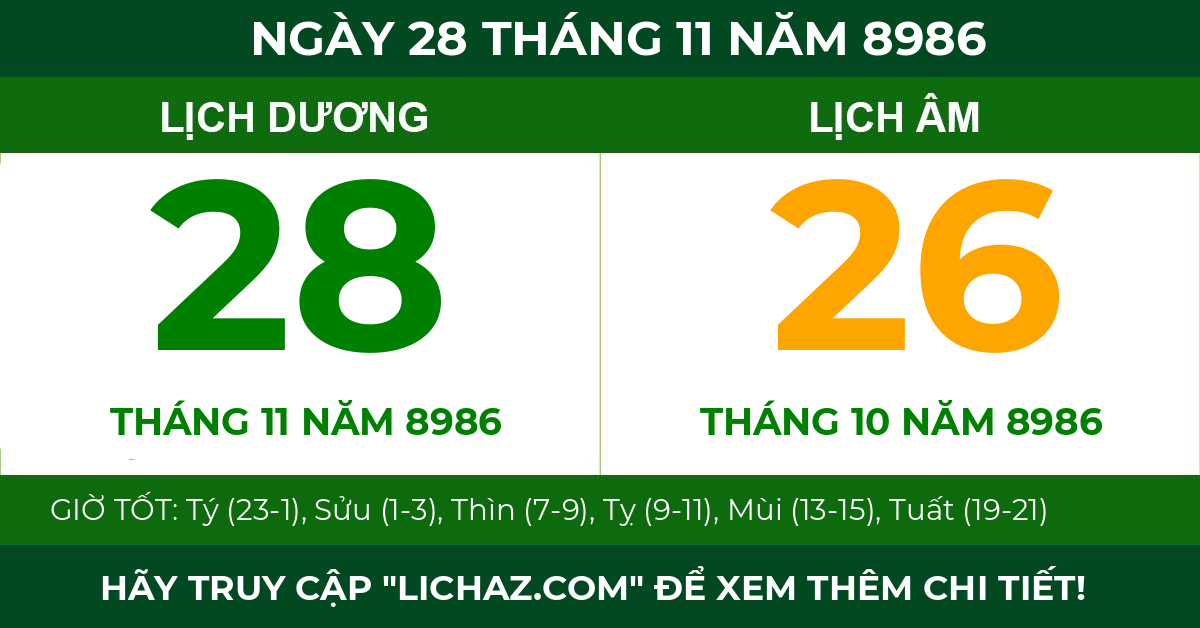 lịch âm ngày 28 tháng 11 năm 8986