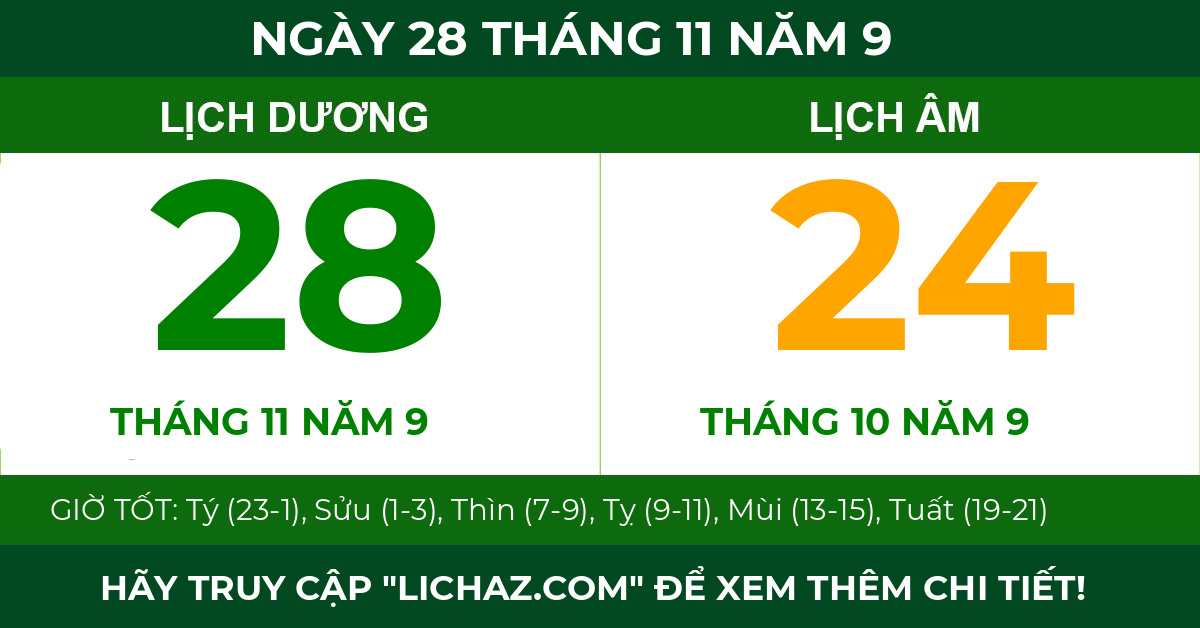 lịch âm ngày 28 tháng 11 năm 9