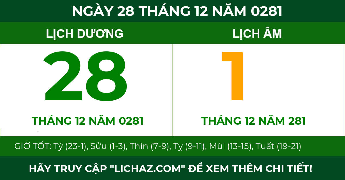 lịch âm ngày 28 tháng 12 năm 0281