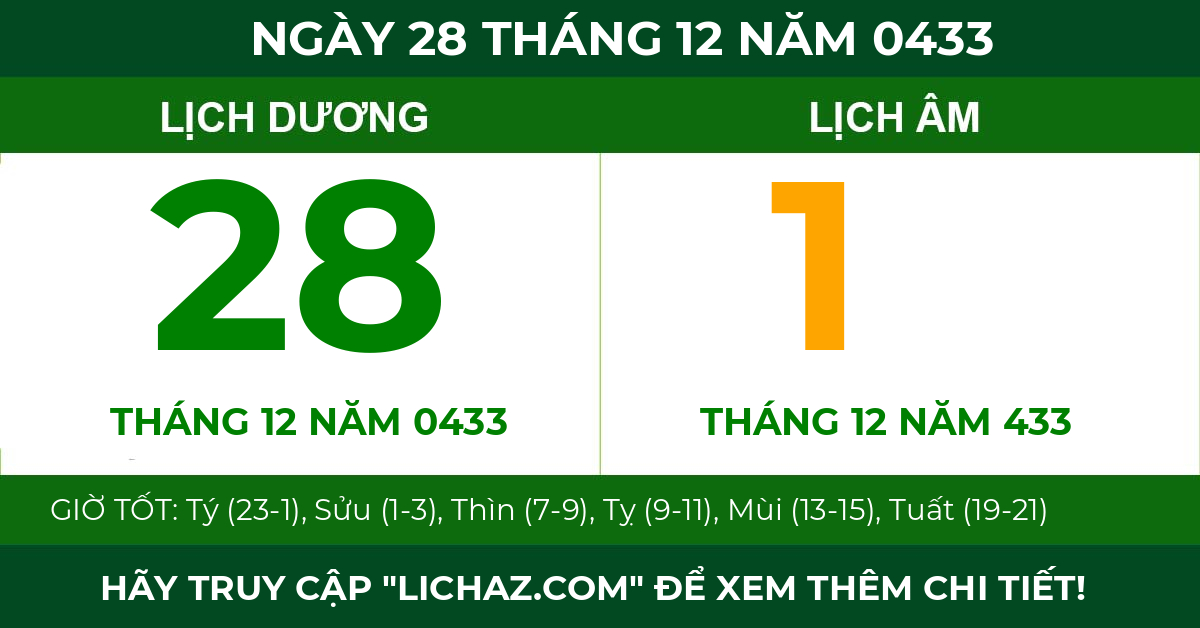 lịch âm ngày 28 tháng 12 năm 0433
