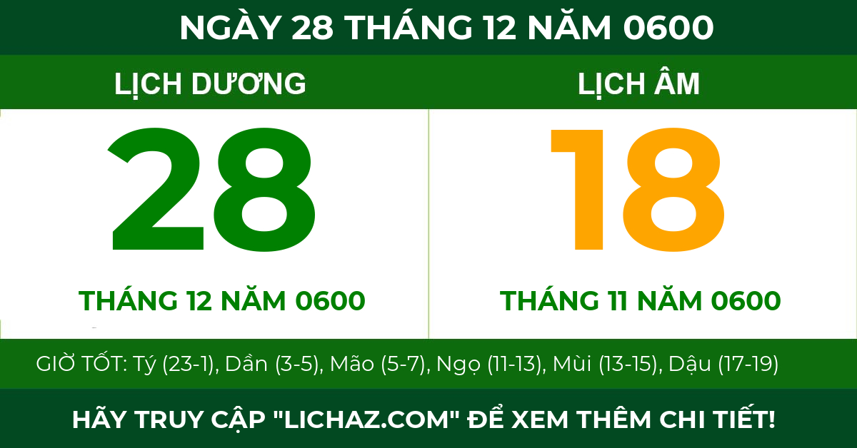 lịch âm ngày 28 tháng 12 năm 0600
