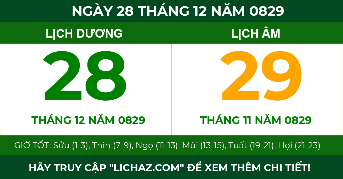 lịch âm ngày 28 tháng 12 năm 0829