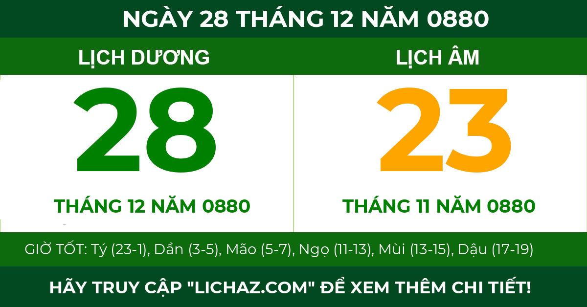 lịch âm ngày 28 tháng 12 năm 0880