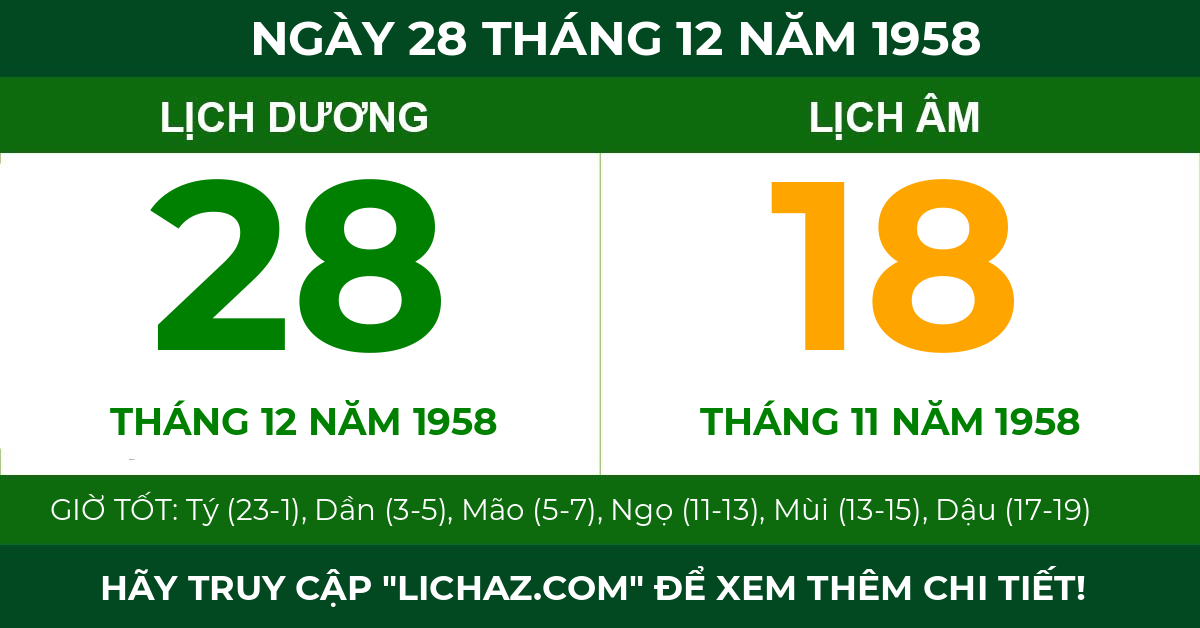 lịch âm ngày 28 tháng 12 năm 1958