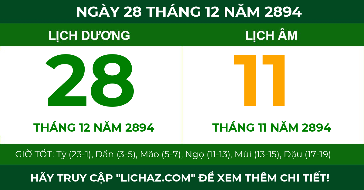 lịch âm ngày 28 tháng 12 năm 2894