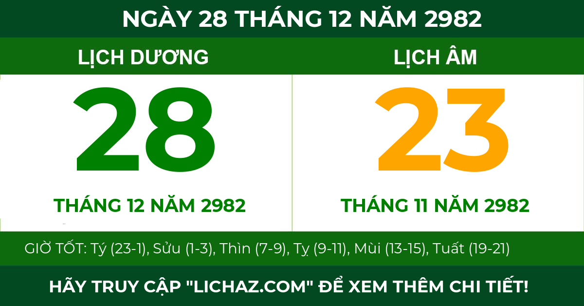lịch âm ngày 28 tháng 12 năm 2982
