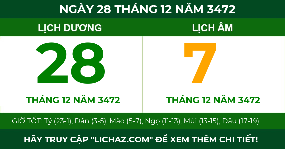 lịch âm ngày 28 tháng 12 năm 3472