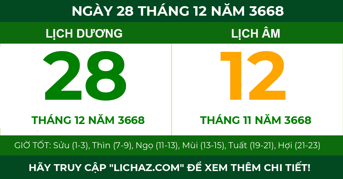 lịch âm ngày 28 tháng 12 năm 3668