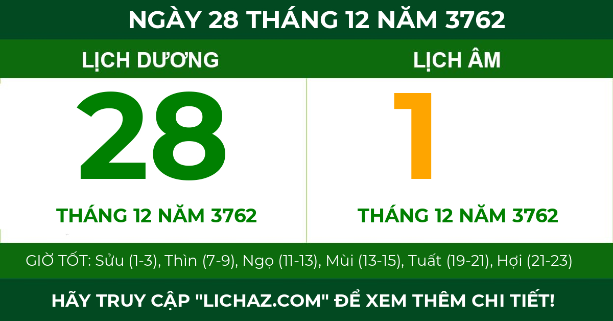 lịch âm ngày 28 tháng 12 năm 3762