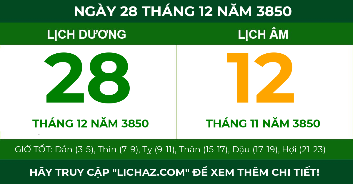 lịch âm ngày 28 tháng 12 năm 3850