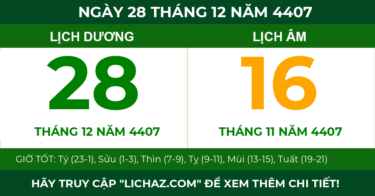 lịch âm ngày 28 tháng 12 năm 4407