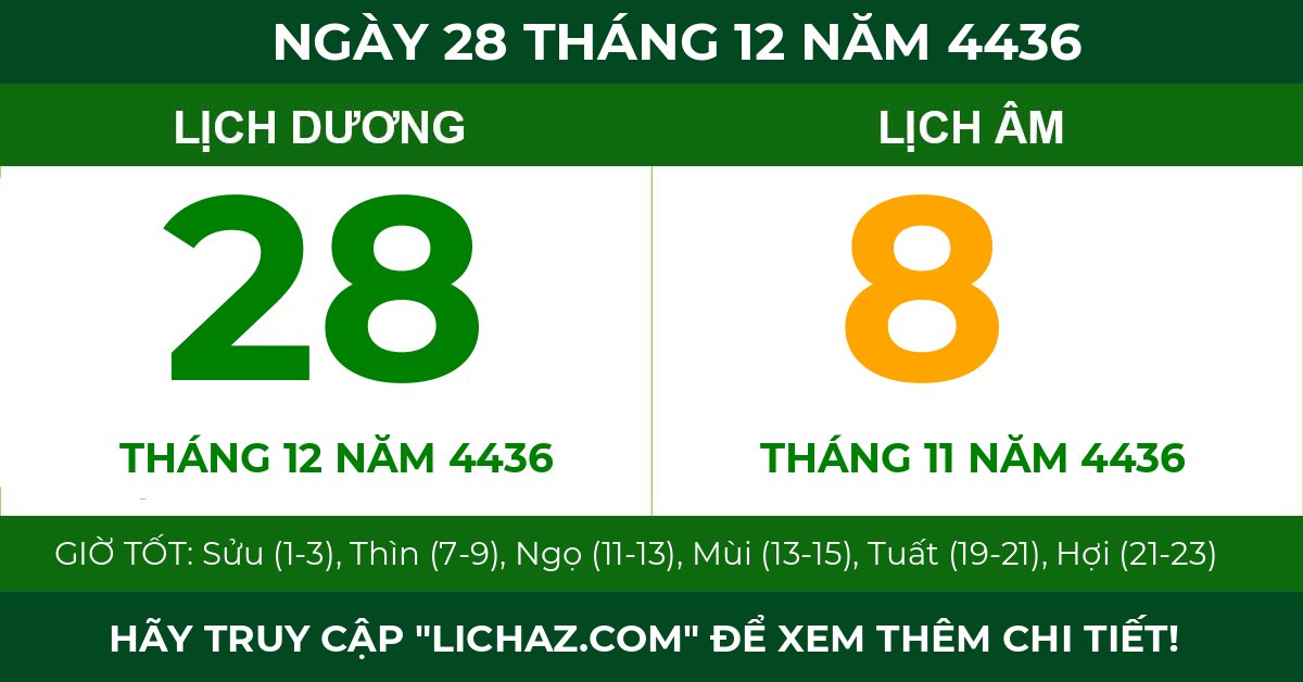 lịch âm ngày 28 tháng 12 năm 4436