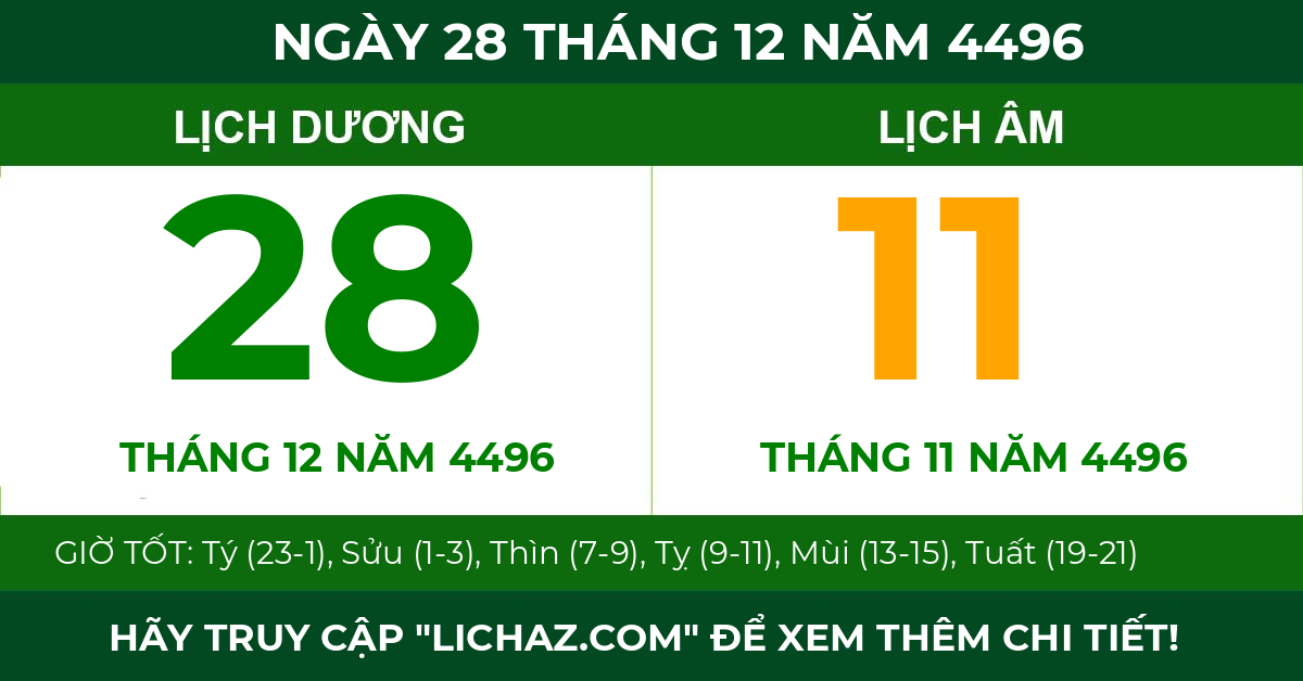lịch âm ngày 28 tháng 12 năm 4496