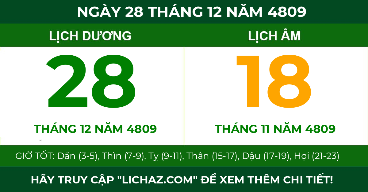 lịch âm ngày 28 tháng 12 năm 4809