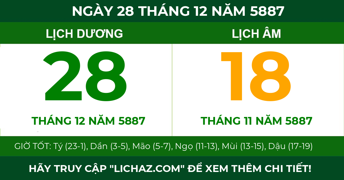 lịch âm ngày 28 tháng 12 năm 5887