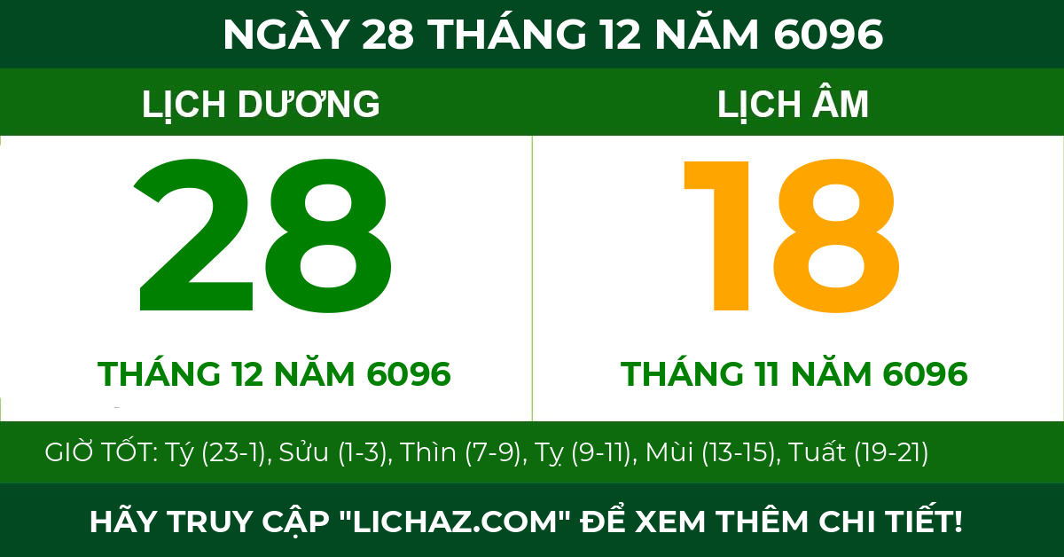 lịch âm ngày 28 tháng 12 năm 6096