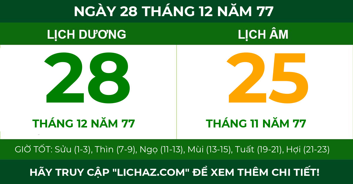 lịch âm ngày 28 tháng 12 năm 77