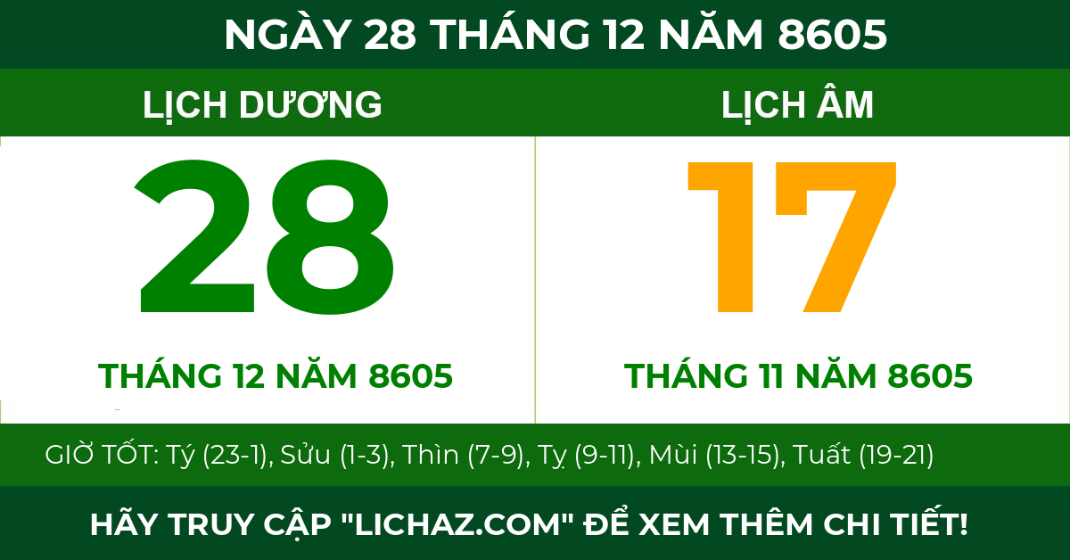 lịch âm ngày 28 tháng 12 năm 8605