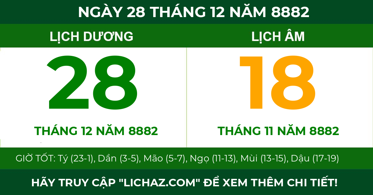 lịch âm ngày 28 tháng 12 năm 8882