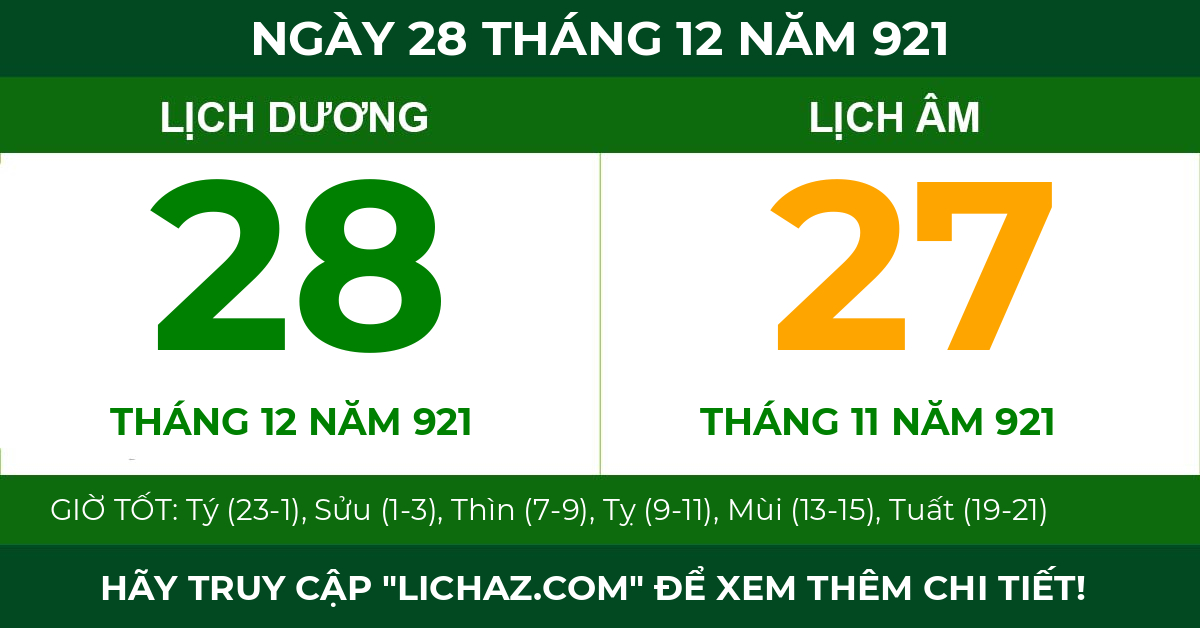 lịch âm ngày 28 tháng 12 năm 921