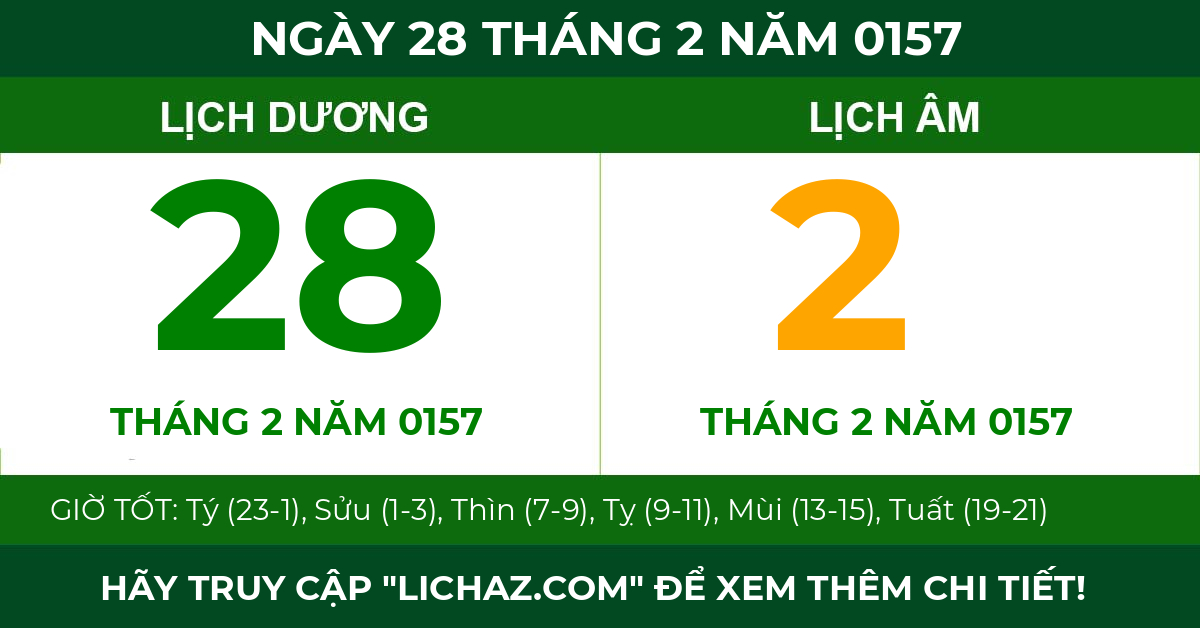 lịch âm ngày 28 tháng 2 năm 0157