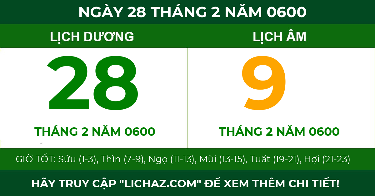lịch âm ngày 28 tháng 2 năm 0600