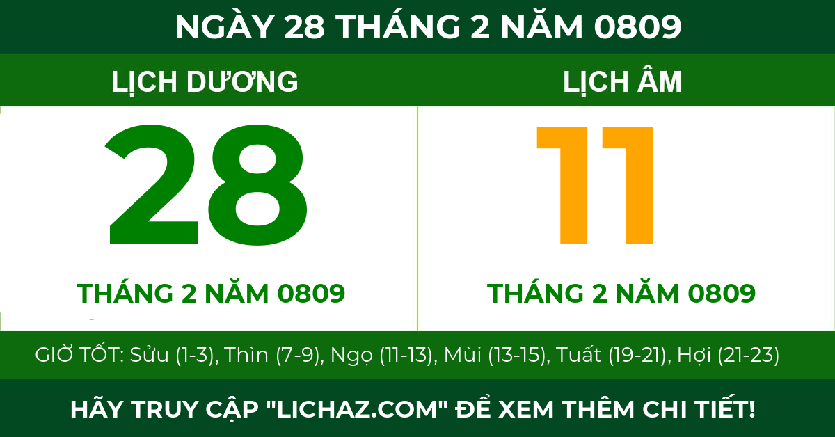 lịch âm ngày 28 tháng 2 năm 0809