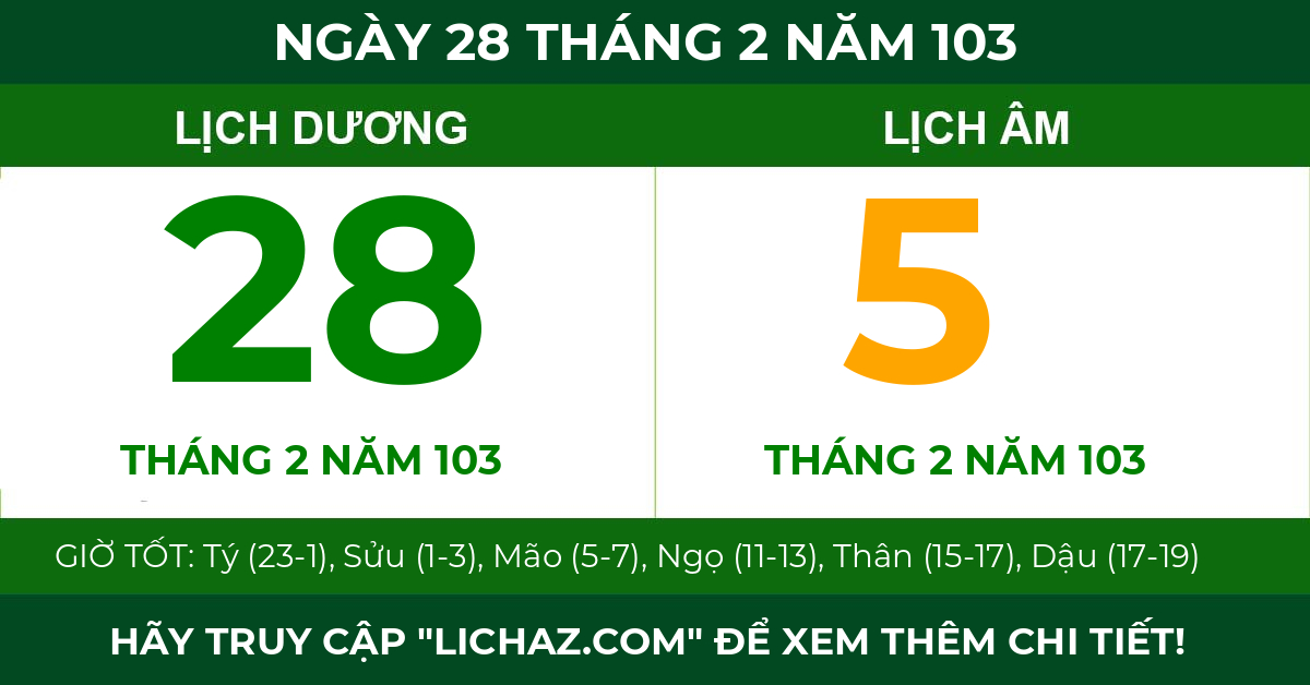lịch âm ngày 28 tháng 2 năm 103