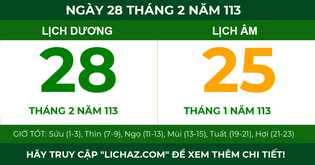 lịch âm ngày 28 tháng 2 năm 113