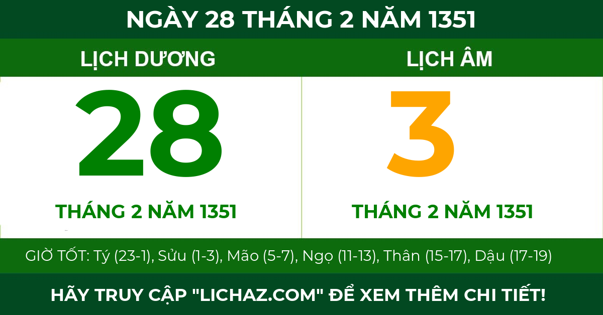 lịch âm ngày 28 tháng 2 năm 1351