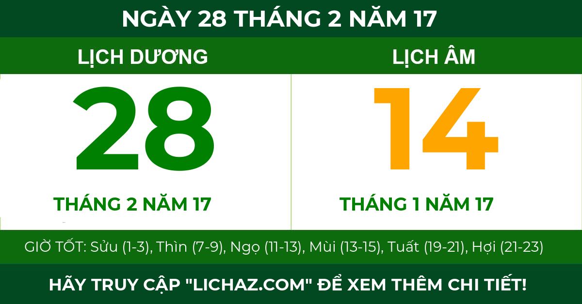lịch âm ngày 28 tháng 2 năm 17