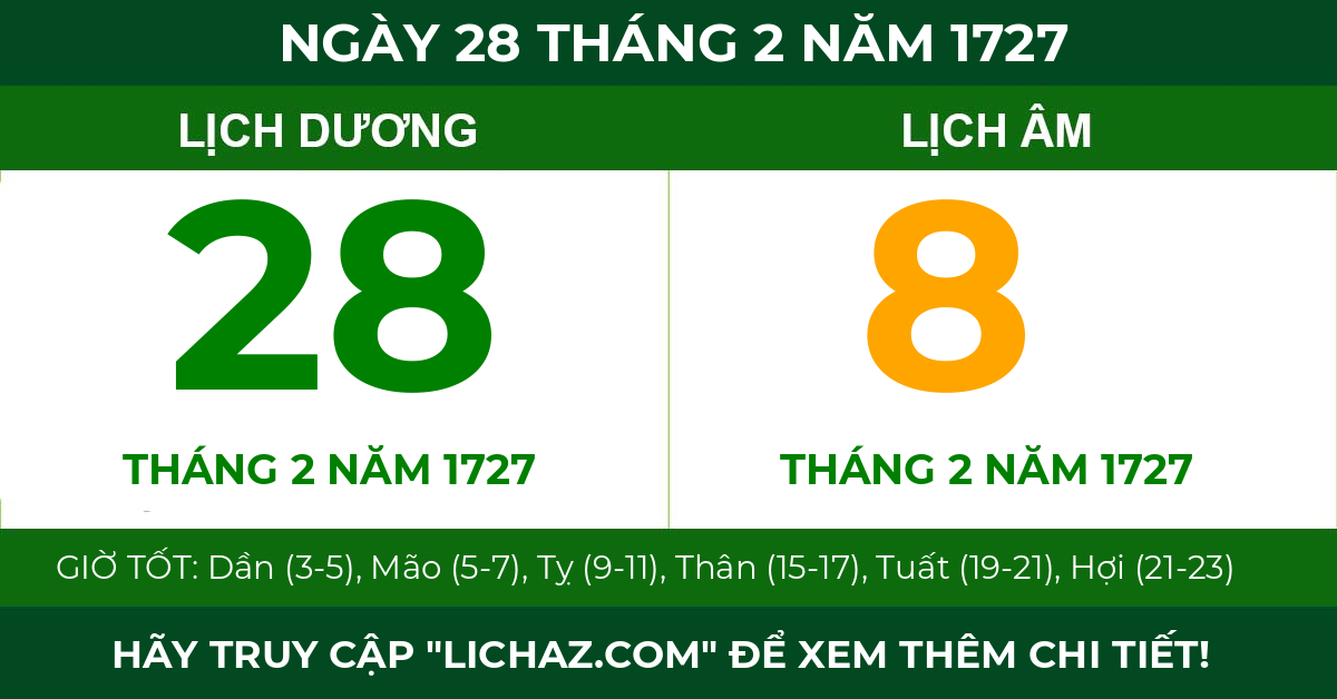 lịch âm ngày 28 tháng 2 năm 1727