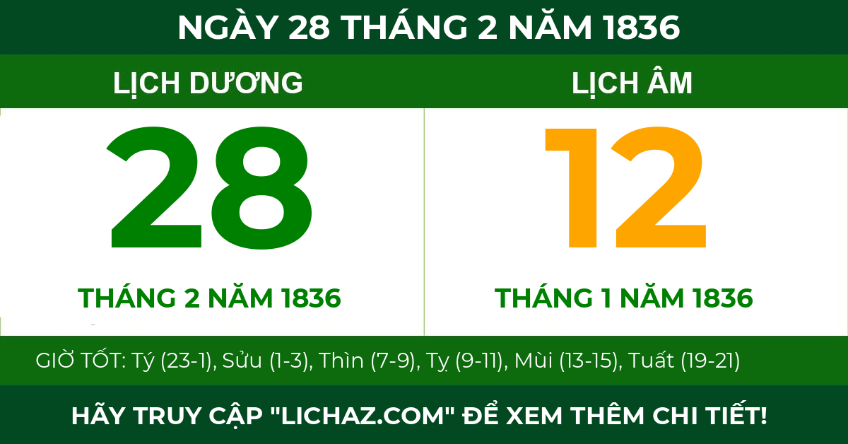 lịch âm ngày 28 tháng 2 năm 1836