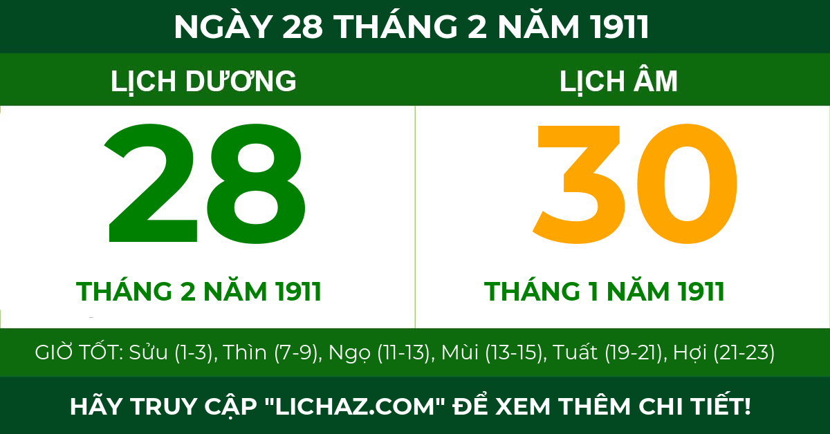 lịch âm ngày 28 tháng 2 năm 1911