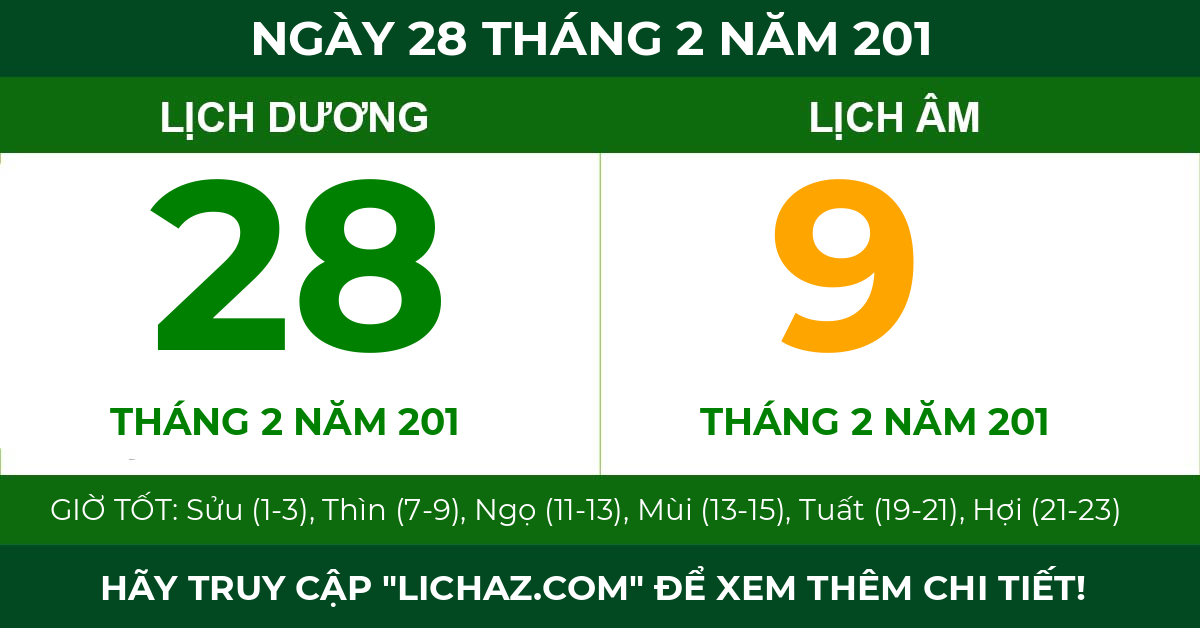 lịch âm ngày 28 tháng 2 năm 201