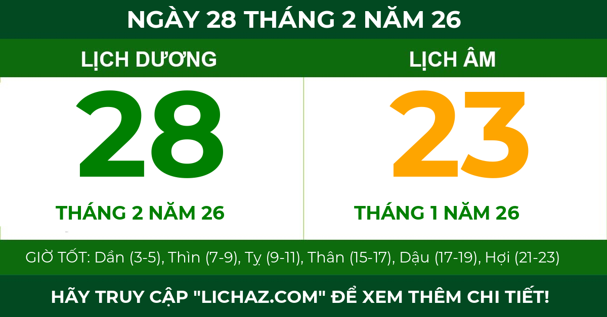 lịch âm ngày 28 tháng 2 năm 26