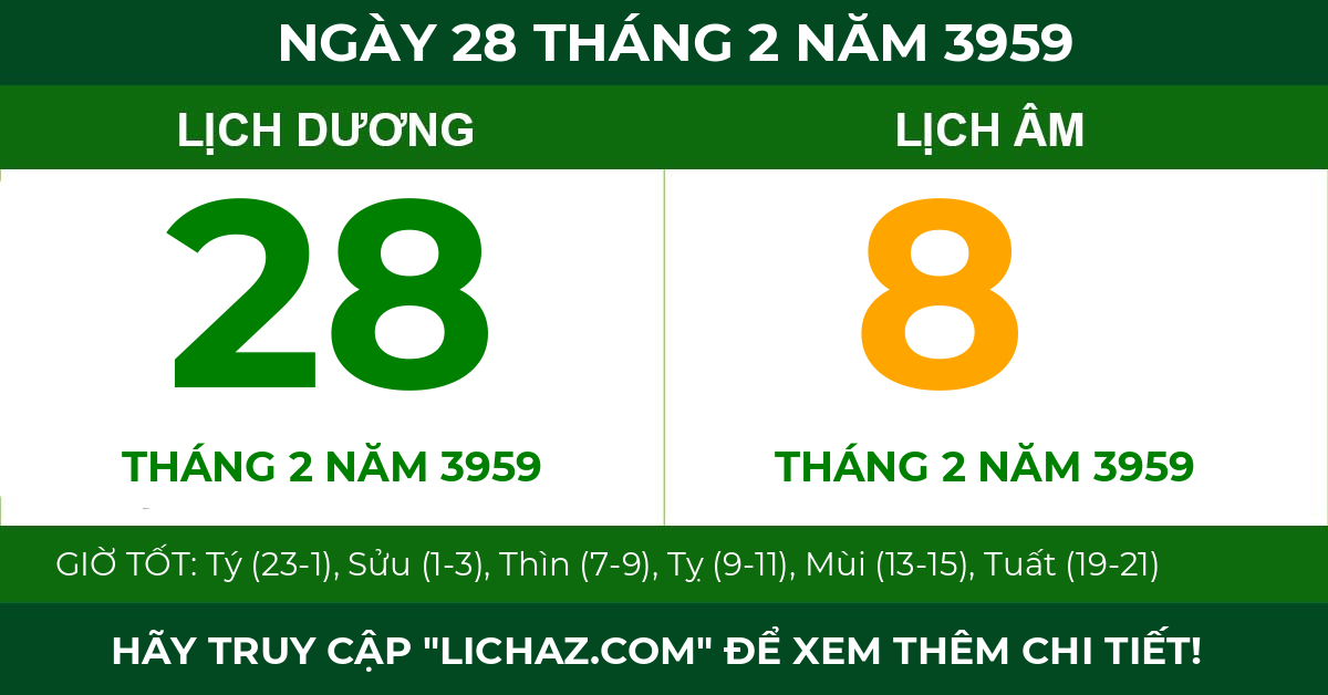 lịch âm ngày 28 tháng 2 năm 3959