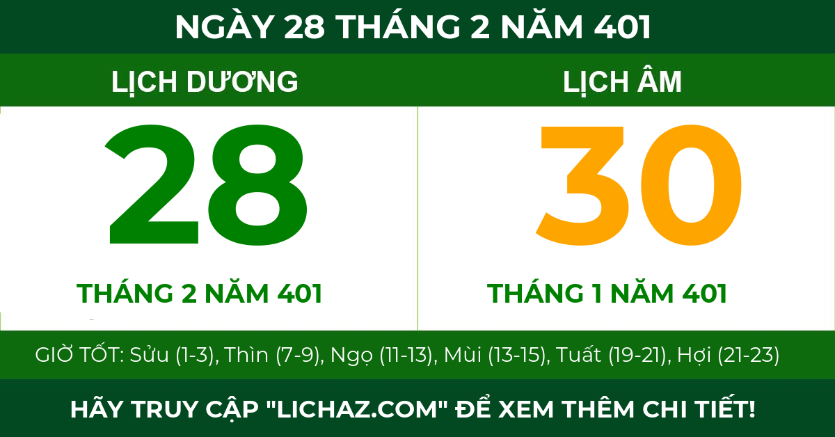 lịch âm ngày 28 tháng 2 năm 401