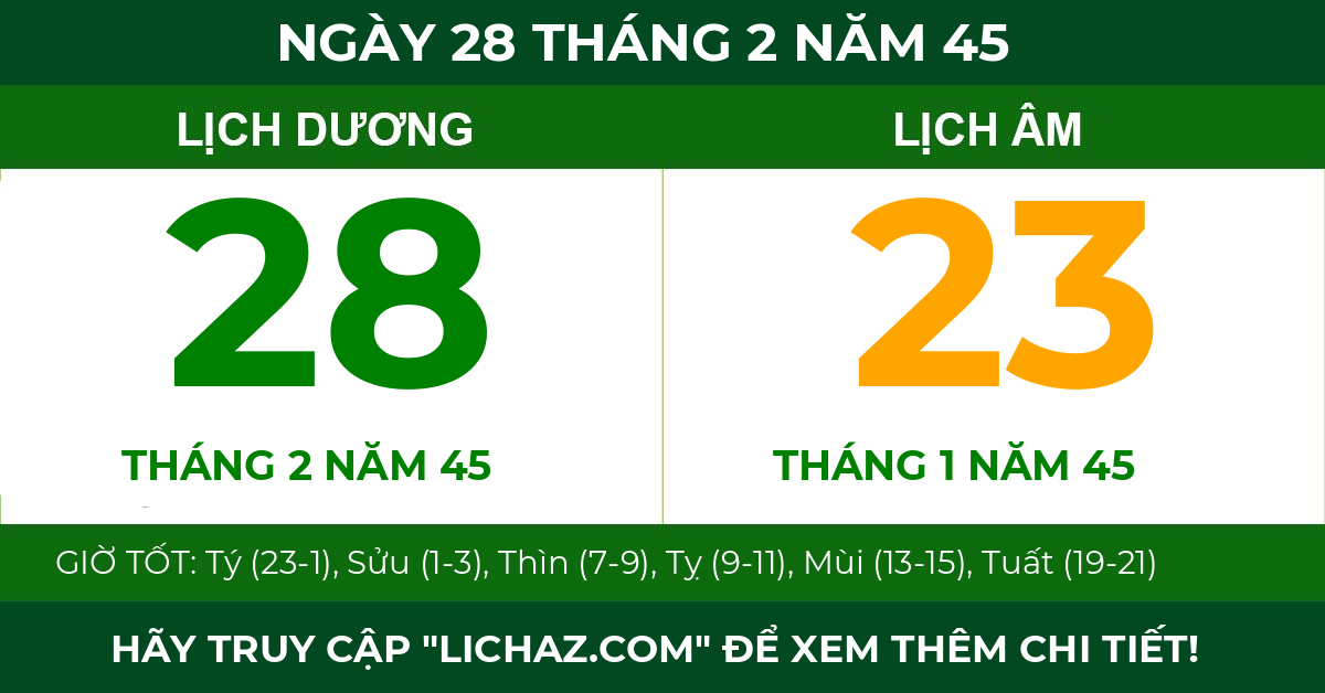 lịch âm ngày 28 tháng 2 năm 45