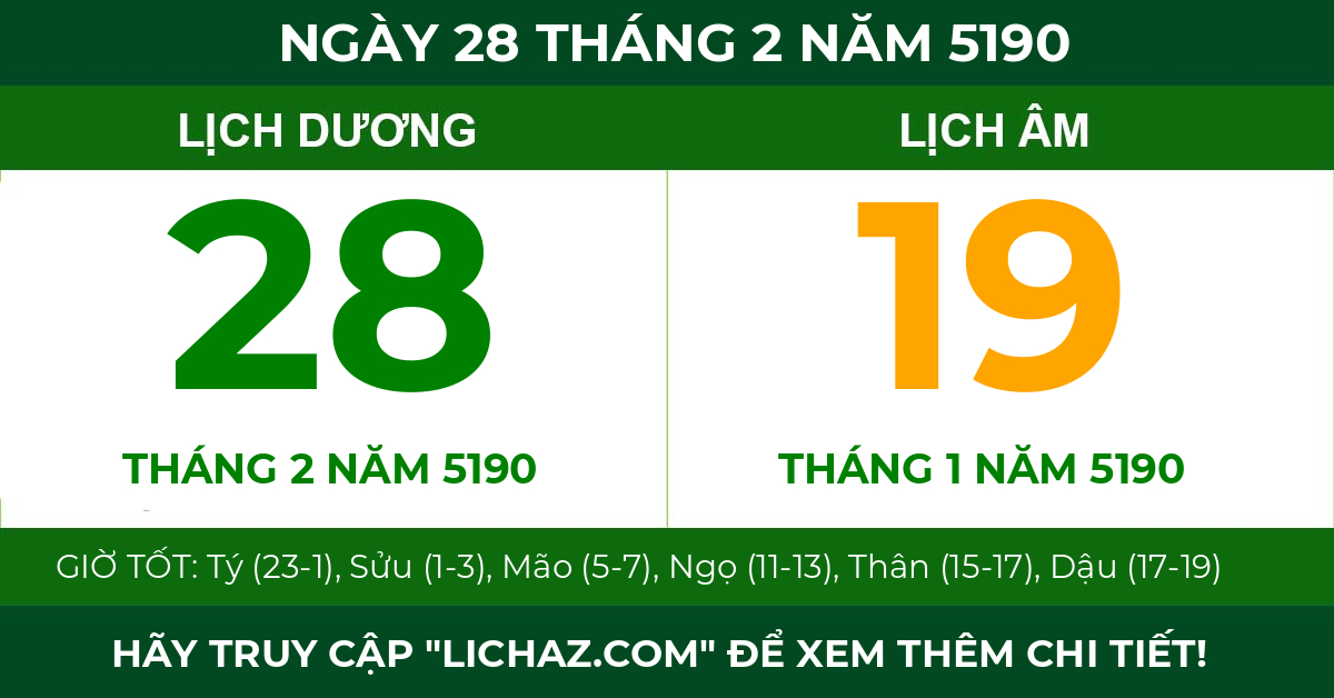 lịch âm ngày 28 tháng 2 năm 5190