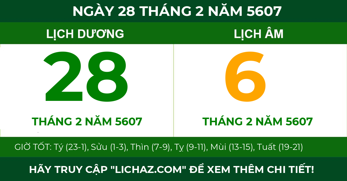 lịch âm ngày 28 tháng 2 năm 5607