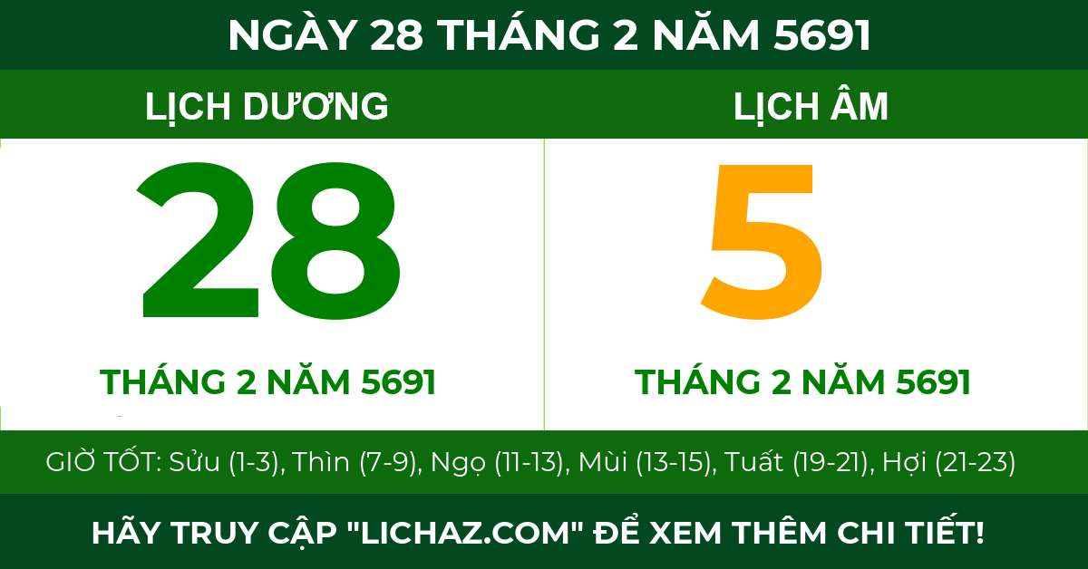 lịch âm ngày 28 tháng 2 năm 5691