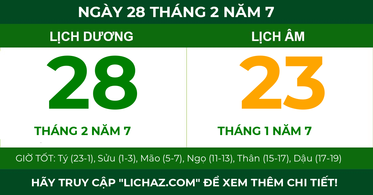 lịch âm ngày 28 tháng 2 năm 7